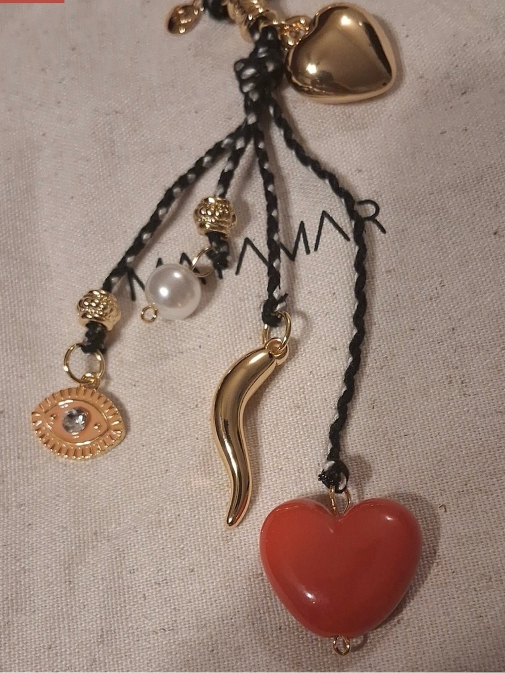 Bag Charm Protection Red Heart Evil Eye Italian Horn Pearl Accents MAYAMAR New